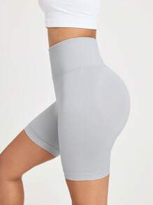 SHEIN Sports Shorts deportivos sin costuras de cintura alta y unicolor para el verano - Gris Claro - Ver 6