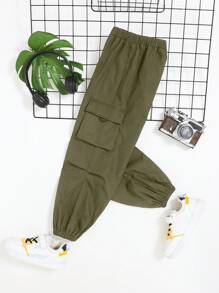 SHEIN Leap Crew Boys Flap Pocket Side Cargo Trousers - Army Green - View 11