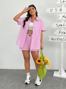 SHEIN EZwear Bộ áo sơ mi và quần short họa tiết sọc hồng trắng ngày lễ tình nhân cỡ lớn cho nữ, mặc vào mùa hè - Màu Hồng baby - Xem 1