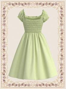 SHEIN DECDS Vestido elegante vintage para mujer, corte holgado, cuello cuadrado, mangas abullonadas, pliegues, volantes, cinturón en la cintura, lazo cruzado, lazo, vestido verde agua tipo paraguas para primavera/verano, estilo Bridgerton, vestido casual, vestido largo, vestido tipo lechera, vestidos de verano para mujer, ropa de otoño, ropa de vuelta al colegio, vestido para concierto - Verde - Ver 8