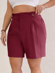 SHEIN LUNE 大尺碼夏季假日休閒純色短褲 - 酒紅色 - 查看 3