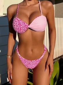 Swim SXY Bộ Bikini Chắp Vá Da Báo Đi Biển Mùa Hè Cho Nữ (In Hình Ngẫu Nhiên), Với Bộ Bikini Gợi Cảm Xoắn Phía Trước Và Bộ Bikini Tách Biệt - Hồng - Xem 1
