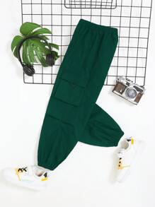 SHEIN Tween Boy Flap Pocket Side Cargo Pants - Green - View 11