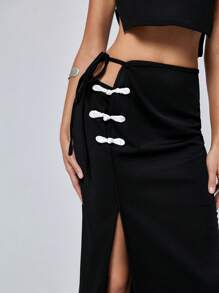 GENKIRA Sleeveless Knitted Midi Dress With Side Slit And Buckle Accents, 2pcs/Set In Solid Color, New Chinese Style - Black - View 4