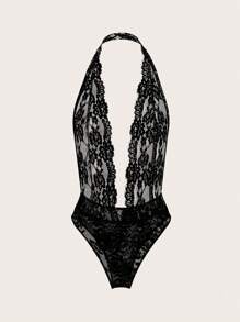 SHEIN ICON 性感透視蕾絲深V領露背領帶連體褲 - 黑色 - 查看 6