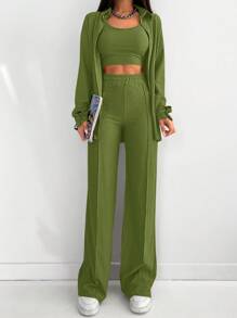 EURMUSE Solid Cami Top & Pants & Drop Shoulder Coat For Dailywear - Olive Green - View 3