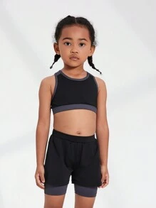 SHEIN Conjunto deportivo para niñas jóvenes con top sin mangas + shorts holgados de bloques de color, ropa deportiva transpirable y cómoda para exteriores
