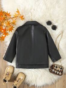 SHEIN Young Girls 1pc Black Faux Leather Jacket With Turn-Down Collar, Front Buttoned Opening With Black Copper Auto Puller Zipper, 3 False Pockets With Black Auto Head And Closed End Zipper, For Street Style, Autumn And Winter - Black - View 2