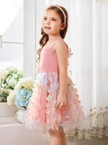 SHEIN Vestido con tirantes de malla de alas de mariposa dulce unicolor y tejido para niña joven - Multicolor - Ver 7