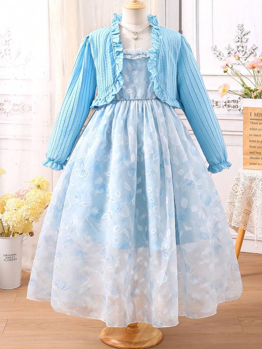 夏季Tween女孩ELGANTZ優雅的娃娃邊長袖開衫和花卉印花Cami裙套裝，輕盈的提花紋理，完美適用於派對和度假