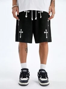 Manfinity NXTstreet Men's Loose Knitted Shorts With Printed Cross, Suitable For Summer - Black - View 4