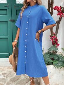 SHEIN LUNE Lässiges einfarbiges A-Linienkleid mit Stehkragen und Knopfleiste vorne