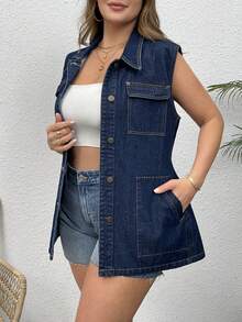 附襟口袋束腰馬甲牛仔外套 - 深色水洗藍 - 查看 4