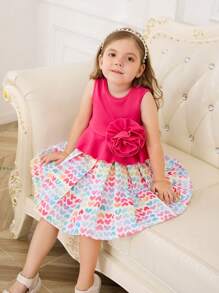 SHEIN Young Girl Light Pink Summer Birthday Knitted Sleeveless Top With 3D Flower Pattern,Woven Heart Shaped Pattern A-Line Skirt,2pcs/Set Casual Outfits - Hot Pink - View 5