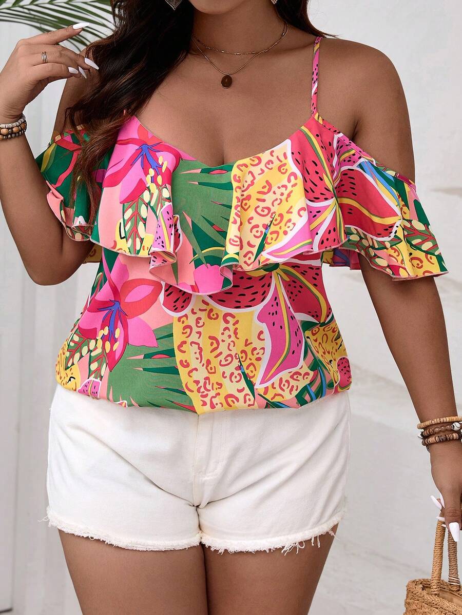 SHEIN VCAY Plus Size Tropical Printed Off Shoulder Ruffled Cami Top, Vacation & Casual - Multicolor - View 1