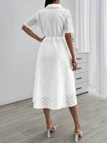 SHEIN Cottnline Embroidery Short Sleeve Dress With Belt - White - View 4