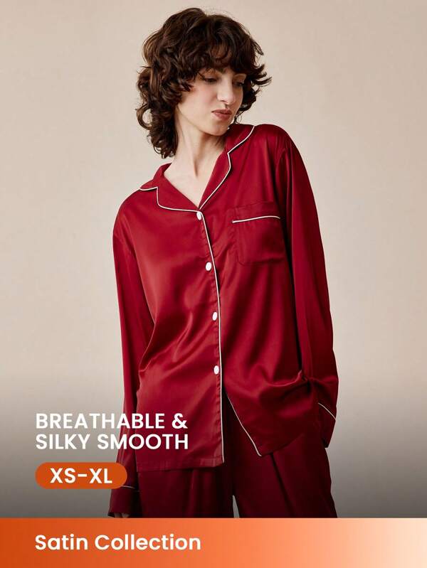 LUVLETTE Conjunto de pijama de satén básico con botones, de color rojo y burdeos, para mujer, ideal para damas de honor en otoño e invierno