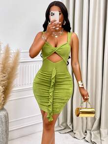 Women'S Solid Color Sexy Slinky Jersey Cut-Out Ruffle-Trim Mini Bodycon Dress - Green - View 6