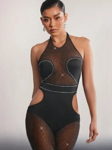 Hauture Rhinestone Trim Halter Cutout Jumpsuit Rave Festival Outfit - Black - View 5