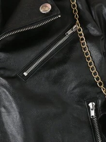 SHEIN Young Girls 1pc Black Faux Leather Jacket With Turn-Down Collar, Front Buttoned Opening With Black Copper Auto Puller Zipper, 3 False Pockets With Black Auto Head And Closed End Zipper, For Street Style, Autumn And Winter - Black - View 5