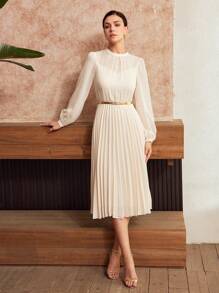 MOTF Classy VESTIDO SÓLIDO DE MANGA DE FAROL Y DOBLADILLO PLISADO - Albaricoque - Ver 7