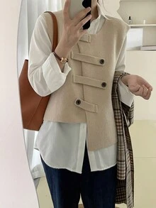 Rikumo Women's Spring Autumn Asymmetrical Buttoned Simple Knitted Sweater Vest Winter - Apricot - View 5