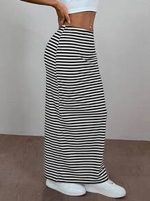 SHEIN EZwear 女士條紋針織型緊身及膝裙 - 黑與白 - 查看 3