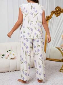 Plus Size Lace Trim Square Neck Printed Comfortable Pajama Set - Multicolor - View 3
