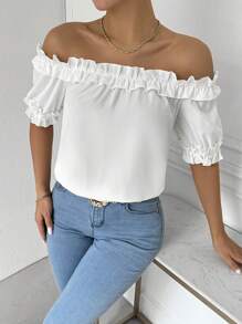 SHEIN LUNE 女士纯色简约日常露肩衬衫，饰有荷叶边下摆 - 白色 - 查看 1