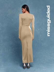 MISSGUIDED 镂空后背开衩长袖超长连衣裙 - 卡其色 - 查看 2