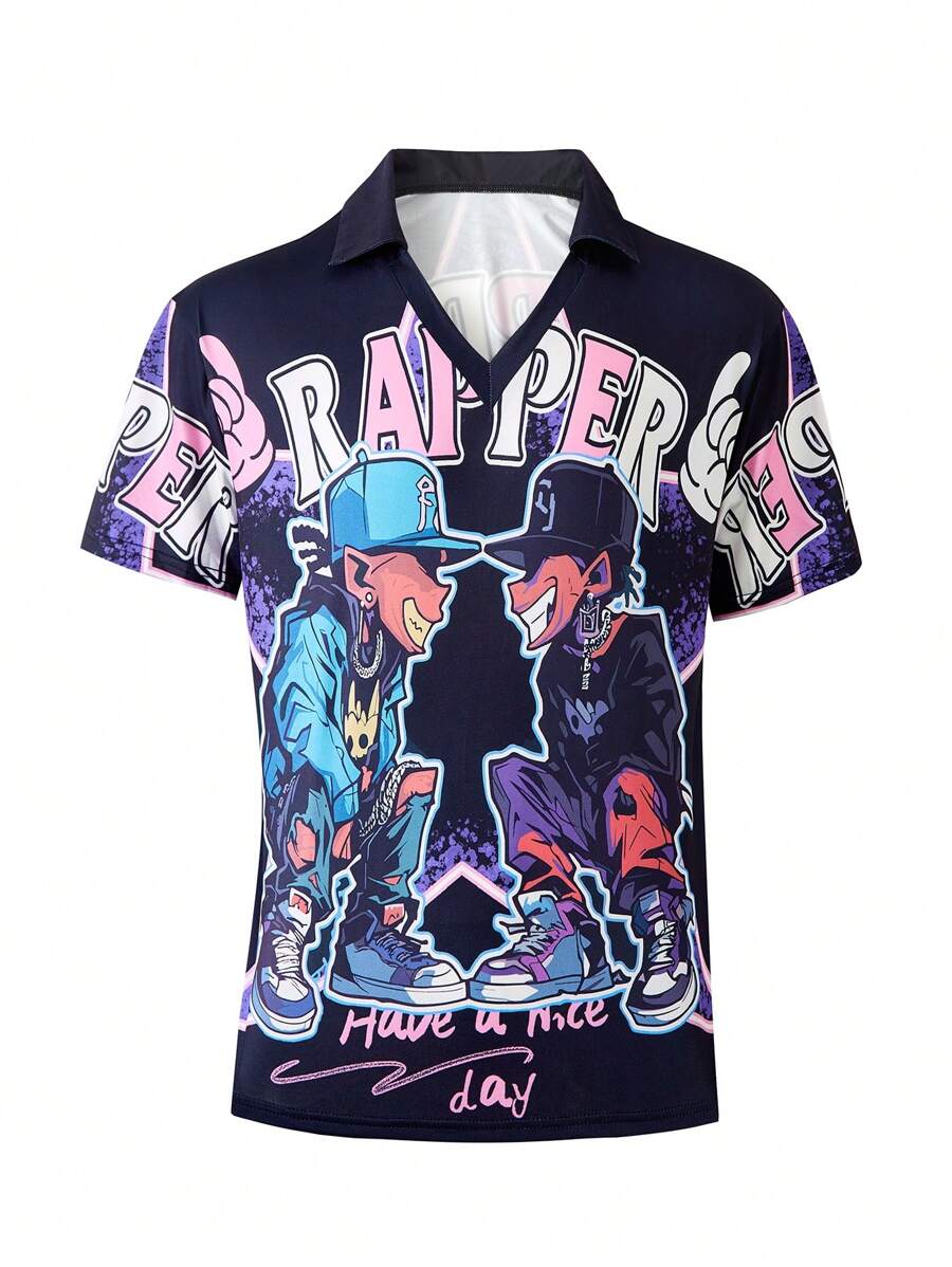 Teenage Boys' Stylish V-Neck Printed Polo Shirt