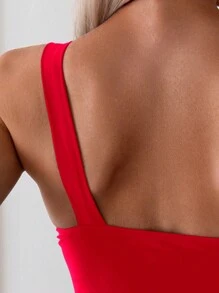 Swim Basics 女士單肩泳衣，紅色純色，夏季沙灘必備