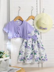 SHEIN Ensemble de 2 pièces Jupe élégante tricotée imprimée numériquement pour filles et Haut à manches courtes en dentelle - Prune - Voir 6