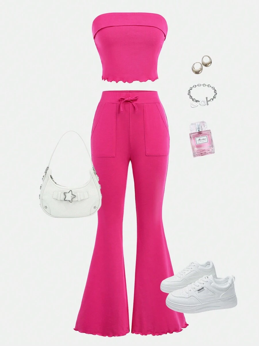 SHEIN Conjunto informal de niña adolescente con top tubo color rosa con cuello vuelto y top corto con pantalón acampanado - Rosa Fucsia - Ver 1