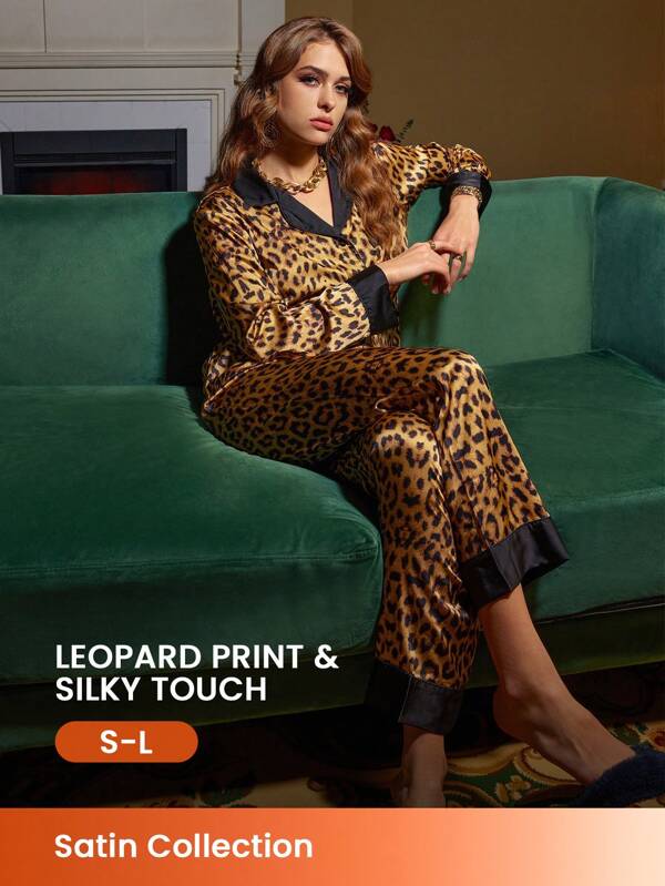 LUVLETTE Set pijama femeie lung din satin cu imprimeu leopard sexy Seturi de lounge Lenjerie