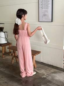 SHEIN Tween Girls' Embroidered Cami Jumpsuit With Ruffle Hem - Pink - View 2