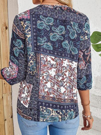 EMERY ROSE Women's Holiday Leisure Paisley Printed Shirt