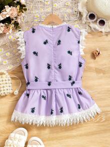 SHEIN Tween Girls' Simple Printed Shirt With Bow Decoration - Purple - View 2