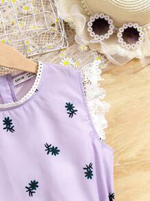 SHEIN Tween Girls' Simple Printed Shirt With Bow Decoration - Purple - View 3