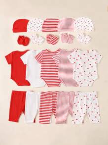 20pcs Newborn Baby Set - 5 Bodysuits + 5 Pants + 5 Hats + 5 Pairs Of Gloves, Summer - Red - View 2