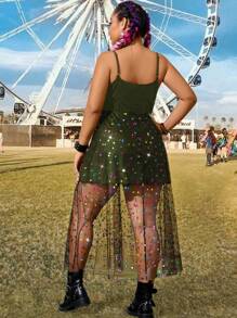 Flirla Plus Size Summer Music Festival Polka Dot Mesh Splice Cami Dress - Army Green - View 2