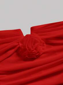 SHEIN MOD 浪漫红色露肩褶皱 3D 花卉青少年女士紧身连衣裙优雅晚礼服 - 紅色 - 查看 3