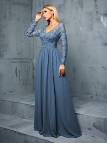 女士刺绣装饰长袖晚礼服（繁重工作），优雅礼服，适合婚礼宾客、毕业典礼、晚宴派对礼服