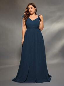 V-Neck Double-Layer Ruffled Chiffon Dress - Navy Blue - View 6