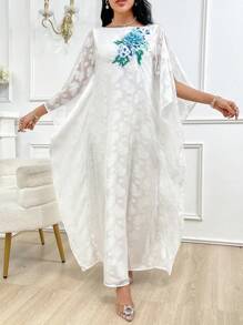 Al Najma Vestido largo de verano para mujer con mangas murciélago elegante y bordado floral - Blanco - Ver 2