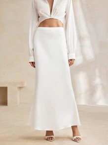 Anewsta 夏季简约优雅高腰鱼尾裙适合节日聚会服装长款缎面女装 - 白色 - 查看 4