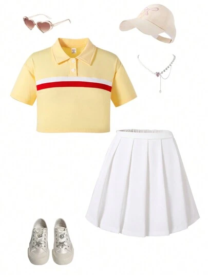 Summer Teen Girls' Casual Vintage Sweet Design Asymmetrical Drop-Shoulder T-Shirt And Pleated Umbrella Skirt Two-Piece Outfit, Suitable For Daily Commute