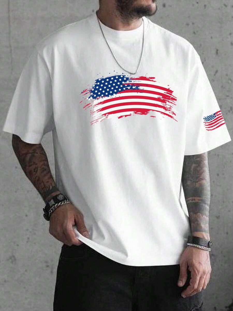 男士美國國旗印花休閒短袖T恤，夏季 - 白色 - 查看 1