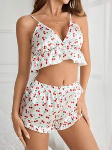 Women's Fruit Printed Stretch Satin Camisole & Shorts Summer Sleepwear Set