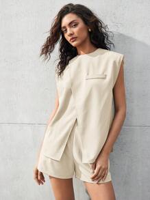 BizChic 女士夏季休闲纯色宽肩带开衩衬衫和短裤套装